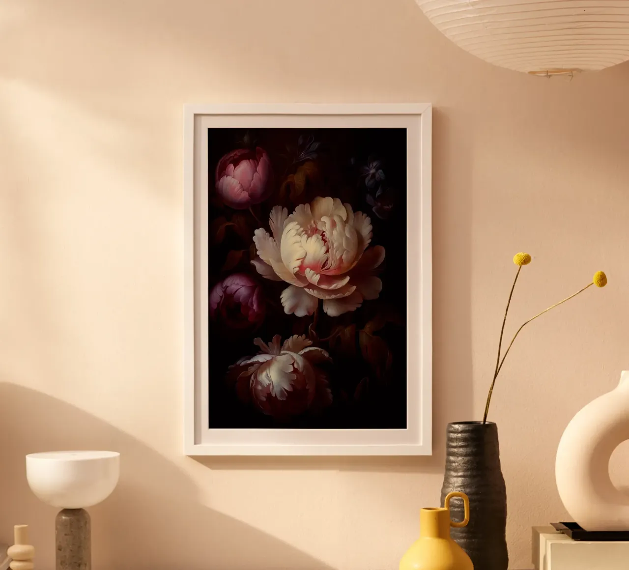 Bouquet di peonie mistiche d'epoca dipinte a mano poster con telaio in alluminio da Flower Garden - Uta Naumann