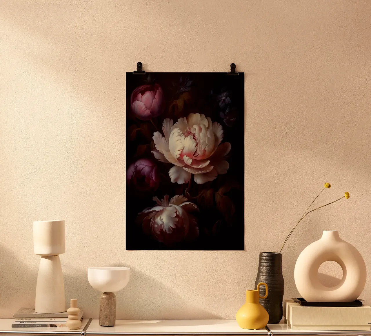 Bouquet di peonie mistiche d'epoca dipinte a mano poster con telaio in alluminio da Flower Garden - Uta Naumann