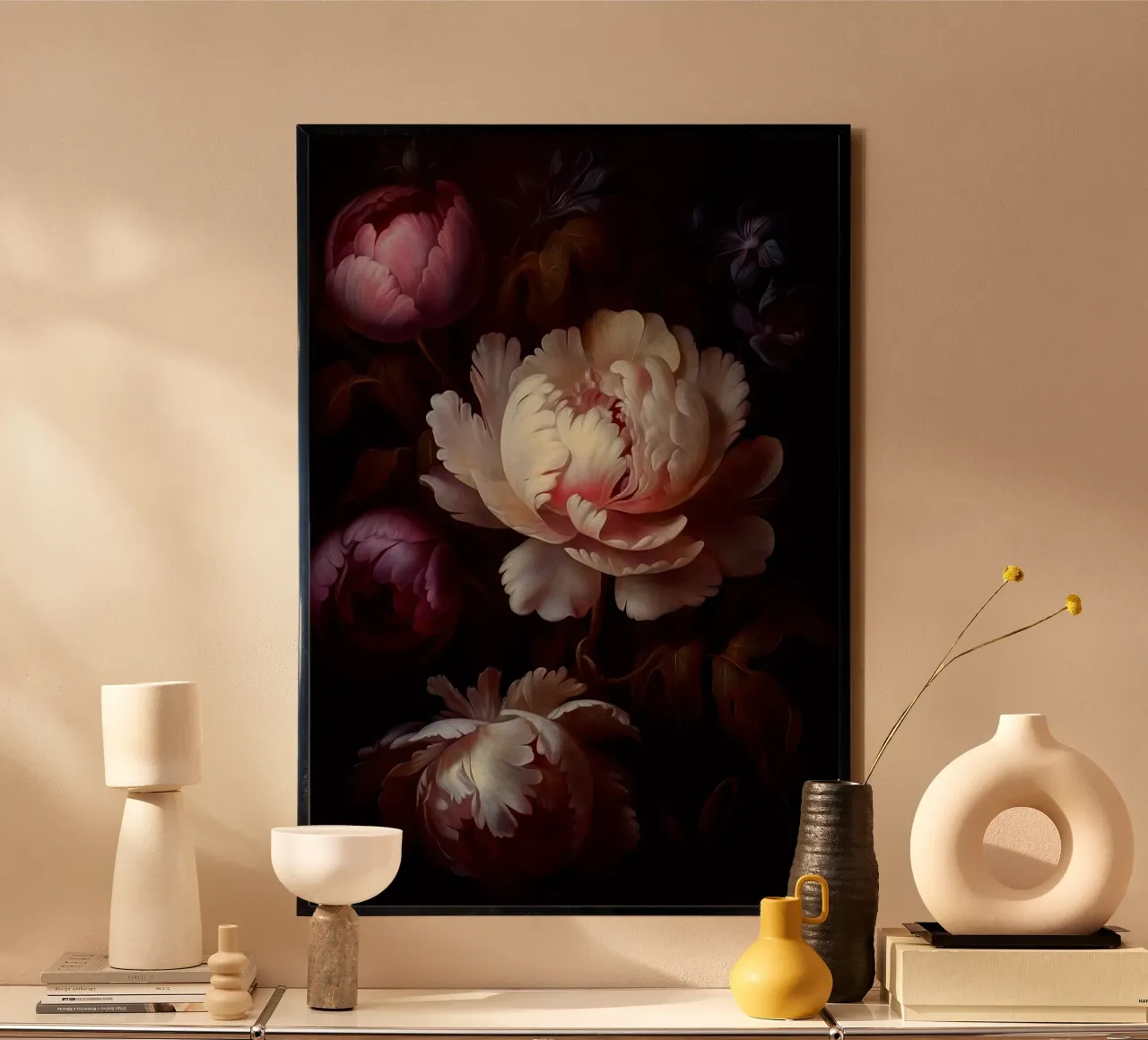 Bouquet di peonie mistiche d'epoca dipinte a mano poster con telaio in alluminio da Flower Garden - Uta Naumann