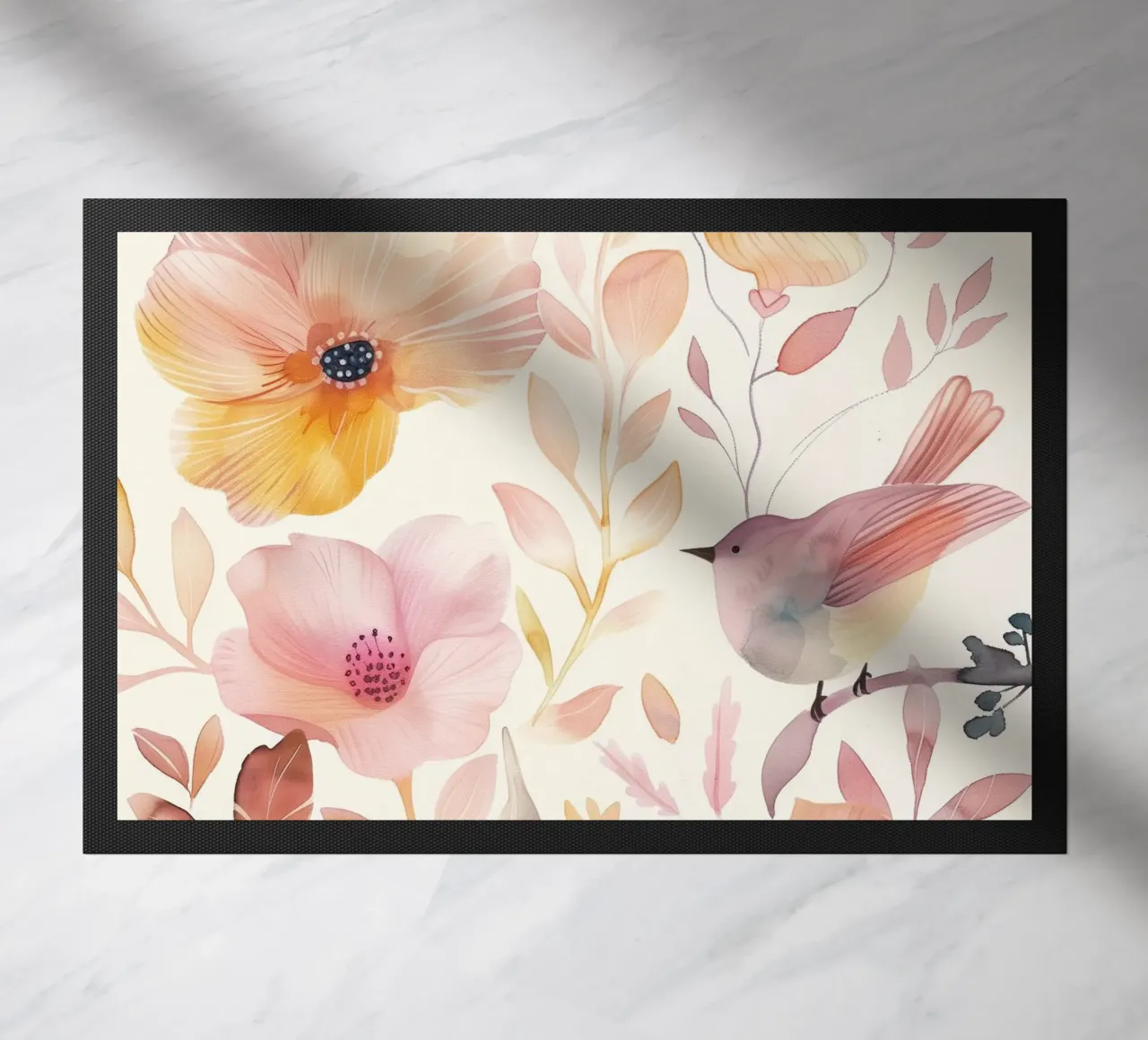 Uccello botanico vintage con fiori giallo papavero rosa arancio zerbino da Gentle Echoes Art