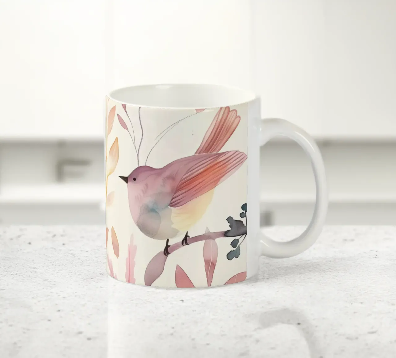 Uccello botanico vintage con fiori giallo papavero rosa arancio tazza in ceramica da Gentle Echoes Art