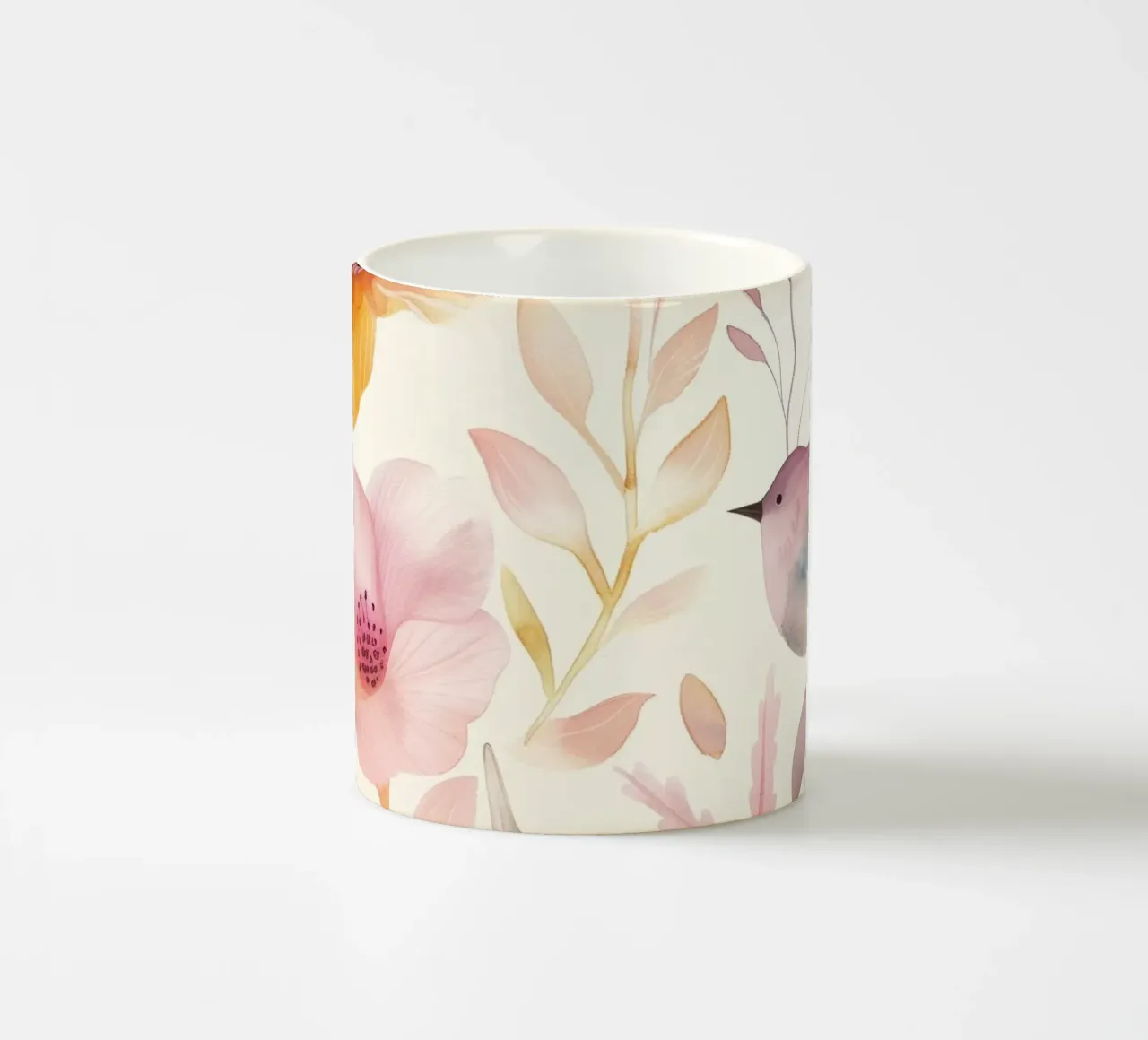 Uccello botanico vintage con fiori giallo papavero rosa arancio tazza in ceramica da Gentle Echoes Art