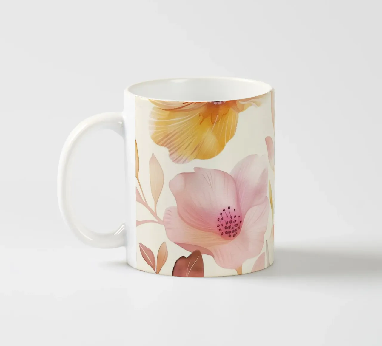 Uccello botanico vintage con fiori giallo papavero rosa arancio tazza in ceramica da Gentle Echoes Art