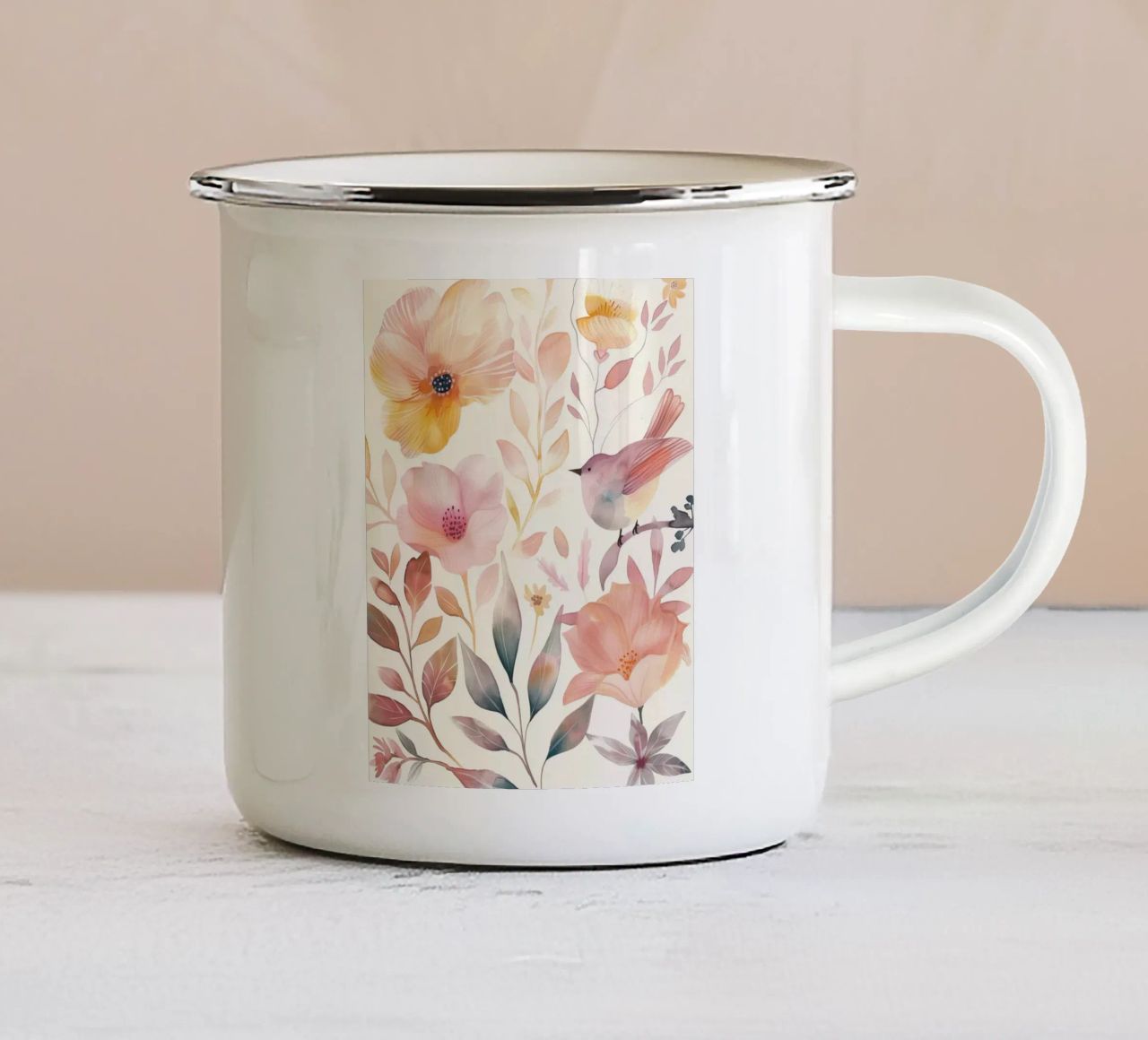 Uccello botanico vintage con fiori giallo papavero rosa arancio tazza in smalto da Gentle Echoes Art