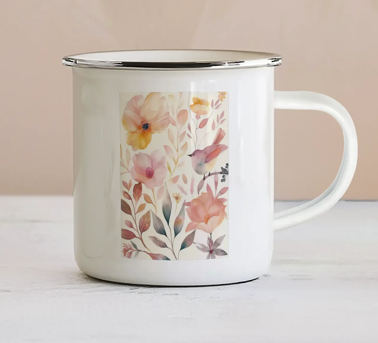 Uccello botanico vintage con fiori giallo papavero rosa arancio tazza in smalto da Gentle Echoes Art