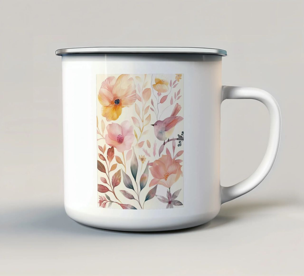 Uccello botanico vintage con fiori giallo papavero rosa arancio tazza in smalto da Gentle Echoes Art