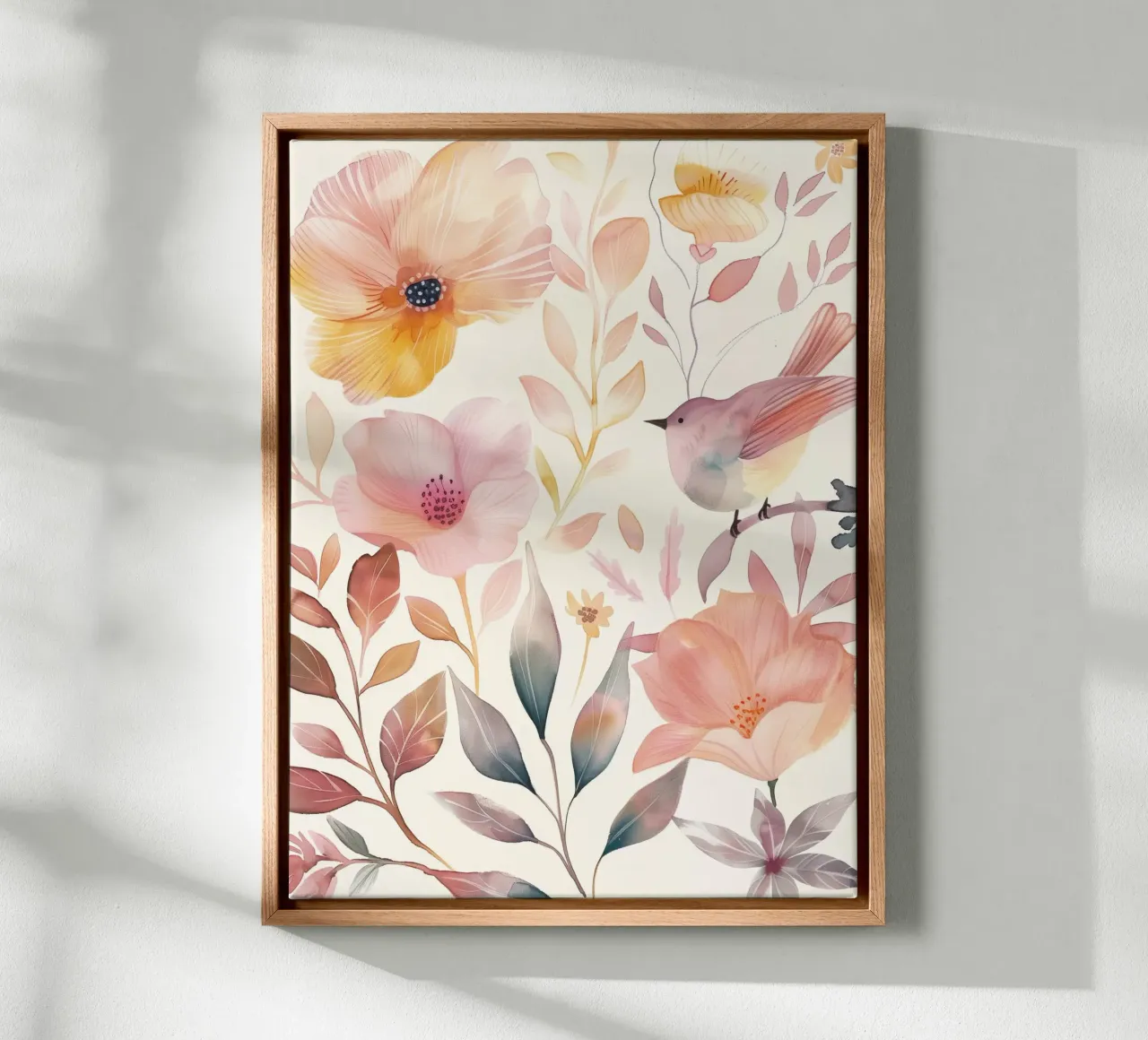 Uccello botanico vintage con fiori giallo papavero rosa arancio tela con Cornice a cassetta da Gentle Echoes Art