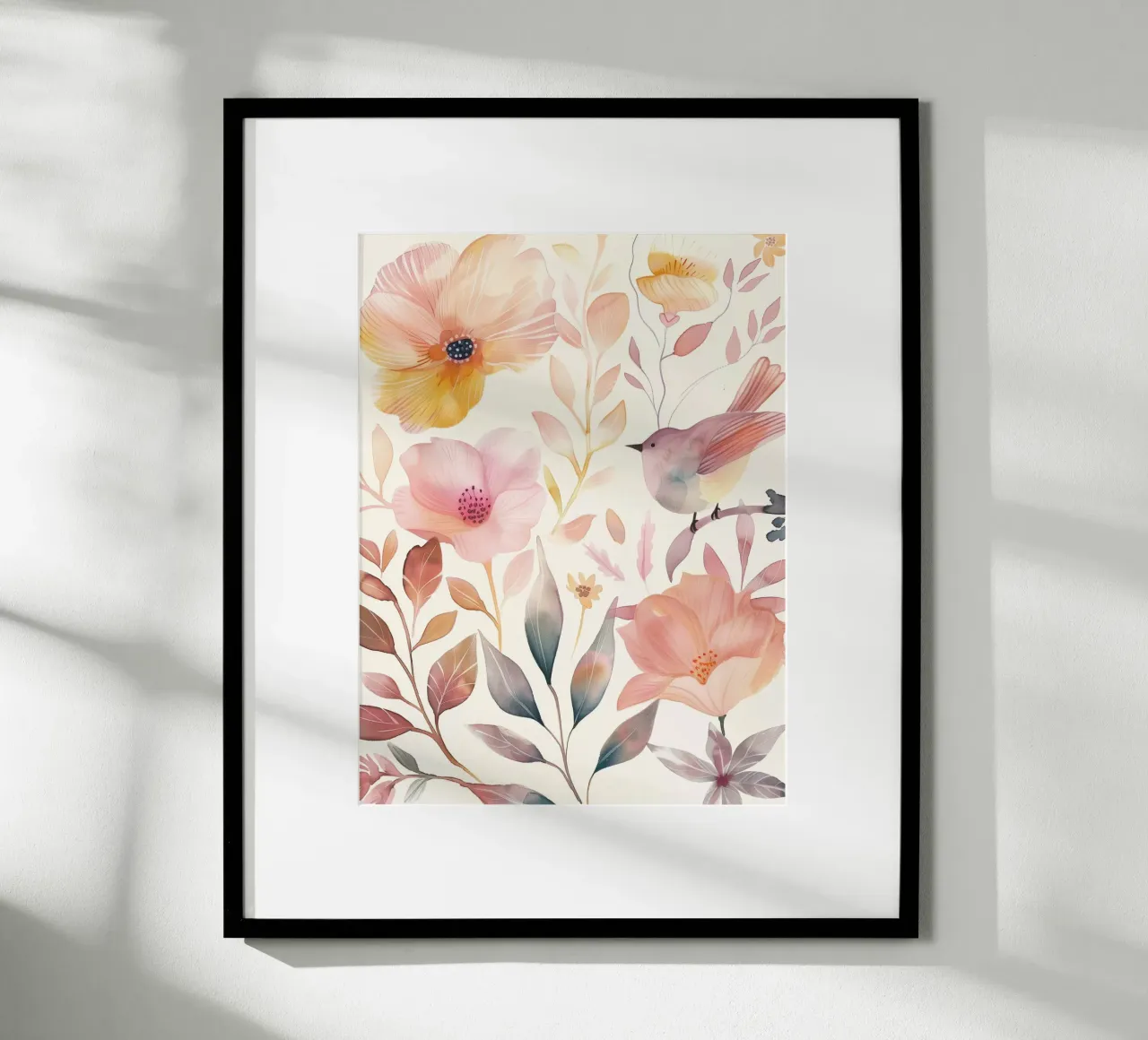 Uccello botanico vintage con fiori giallo papavero rosa arancio poster con telaio in legno da Gentle Echoes Art