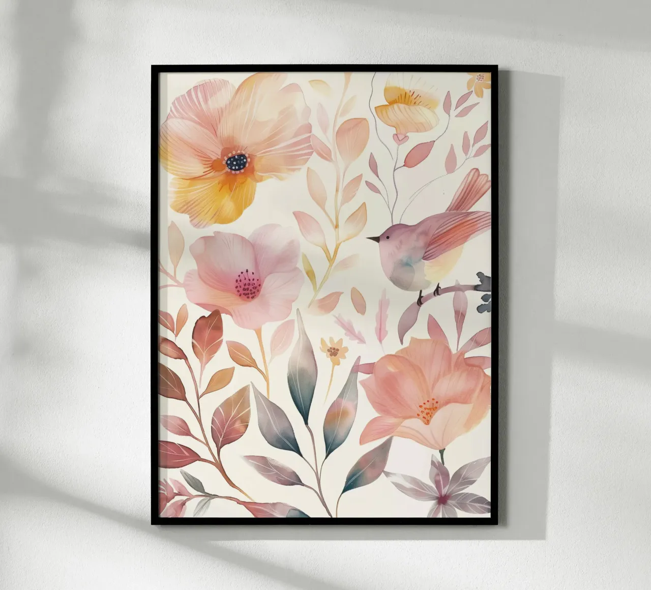 Uccello botanico vintage con fiori giallo papavero rosa arancio poster con telaio in legno da Gentle Echoes Art