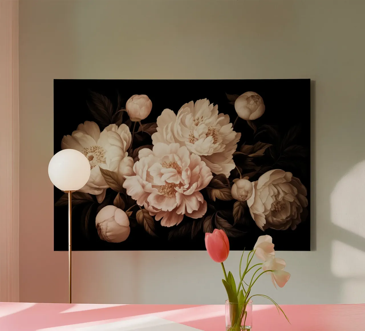 Bouquet di peonie bianche e crema in grassetto vintage tela con Cornice a cassetta da Flower Garden - Uta Naumann