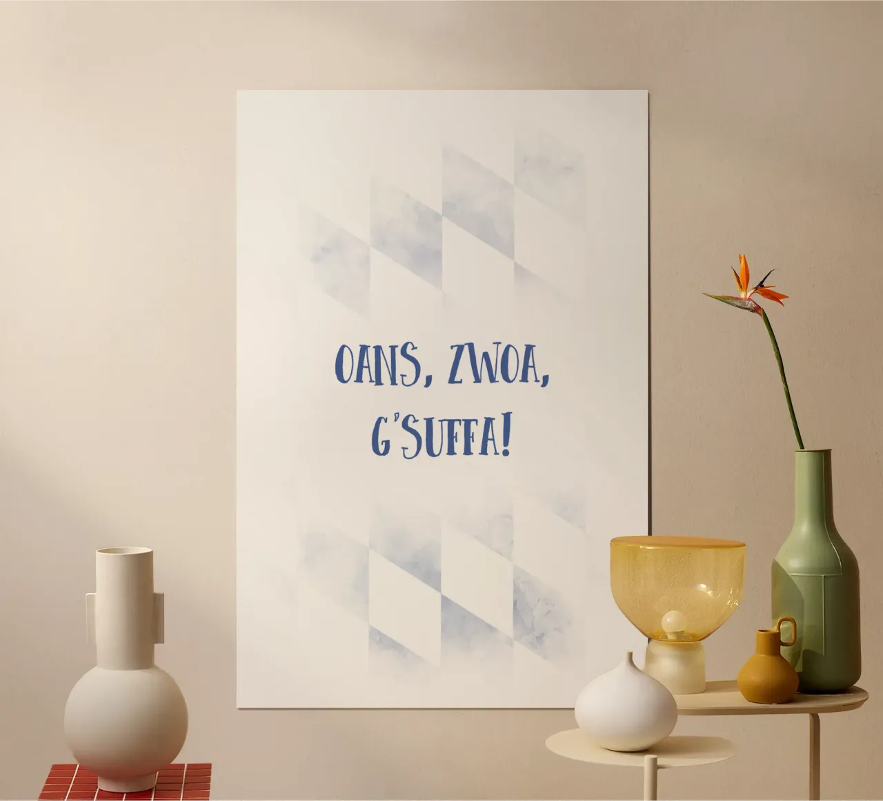 Typisch Bayern OANS, ZWOA, G'SUFFA poster con telaio in legno da Melanie Viola