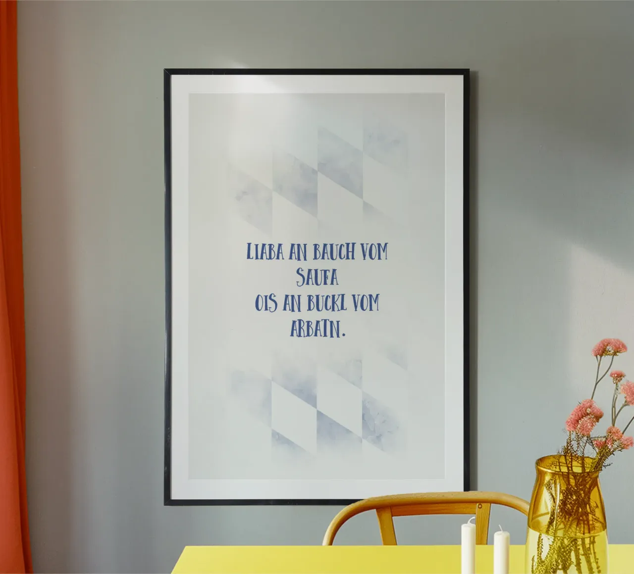 Typisch Bayern AN BAUCH VOM SAUFA poster con telaio in alluminio da Melanie Viola