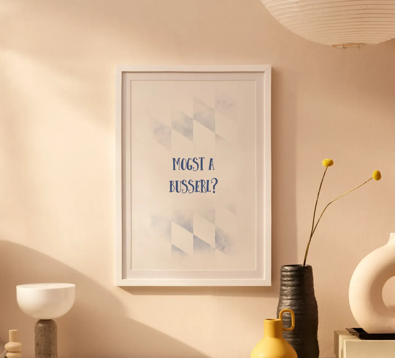 Typisch Bayern MOGST A BUSSERL poster con telaio in alluminio da Melanie Viola
