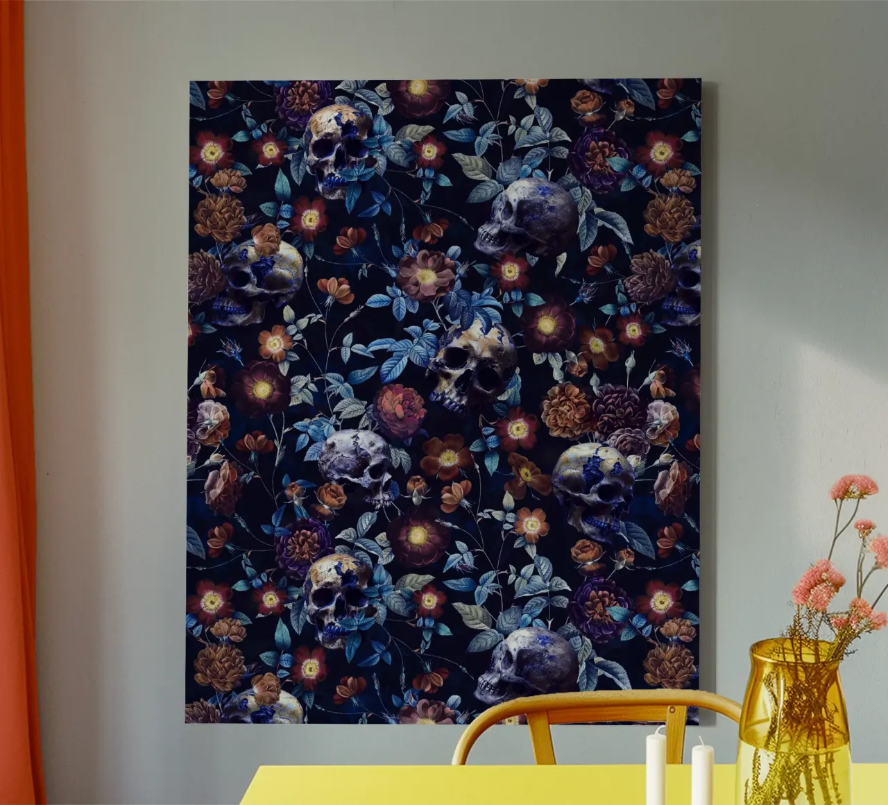 Barokke Mystieke Schedel en Rozen Middernachtstuin canvas met Baklijst van Flower Garden - Uta Naumann