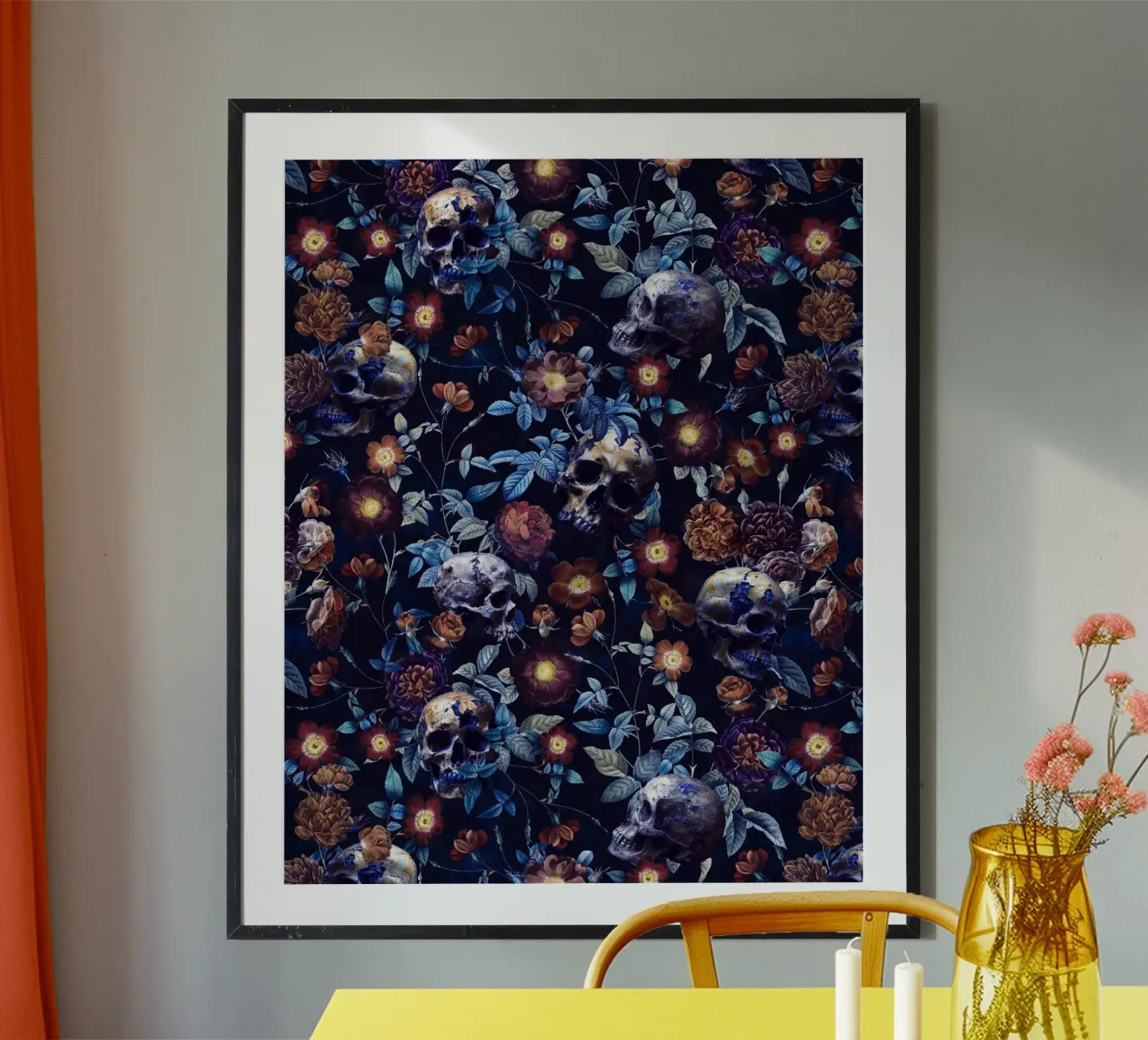Giardino di mezzanotte mistico barocco con teschio e rose poster con telaio in legno da Flower Garden - Uta Naumann