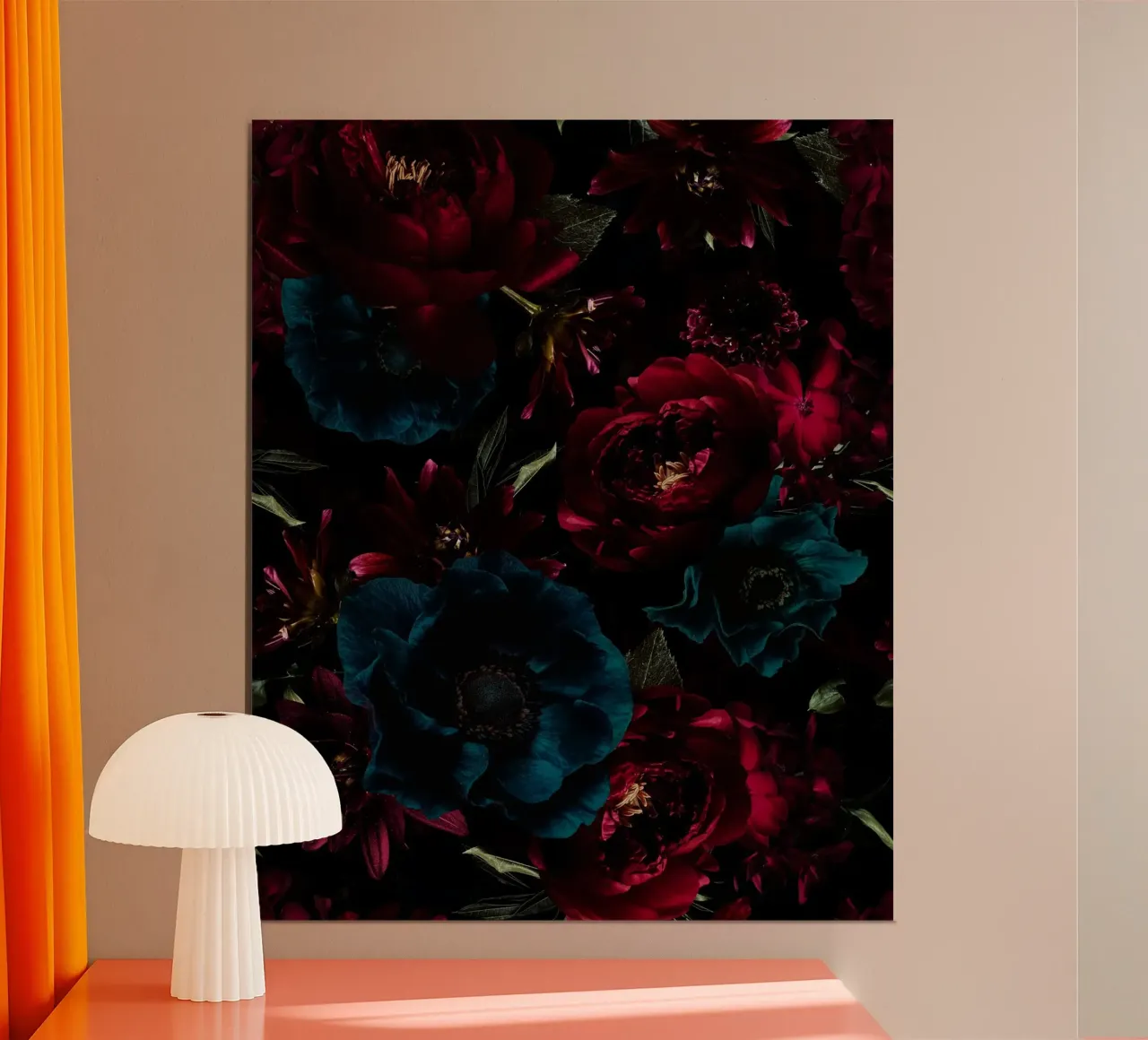 Giardino di mezzanotte mistico barocco borgogna e verde acqua poster con telaio in legno da Flower Garden - Uta Naumann