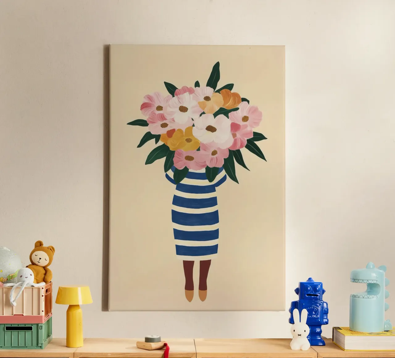 Bloemstilleven met blauwgestreepte vaas canvas met Baklijst van Autofocus