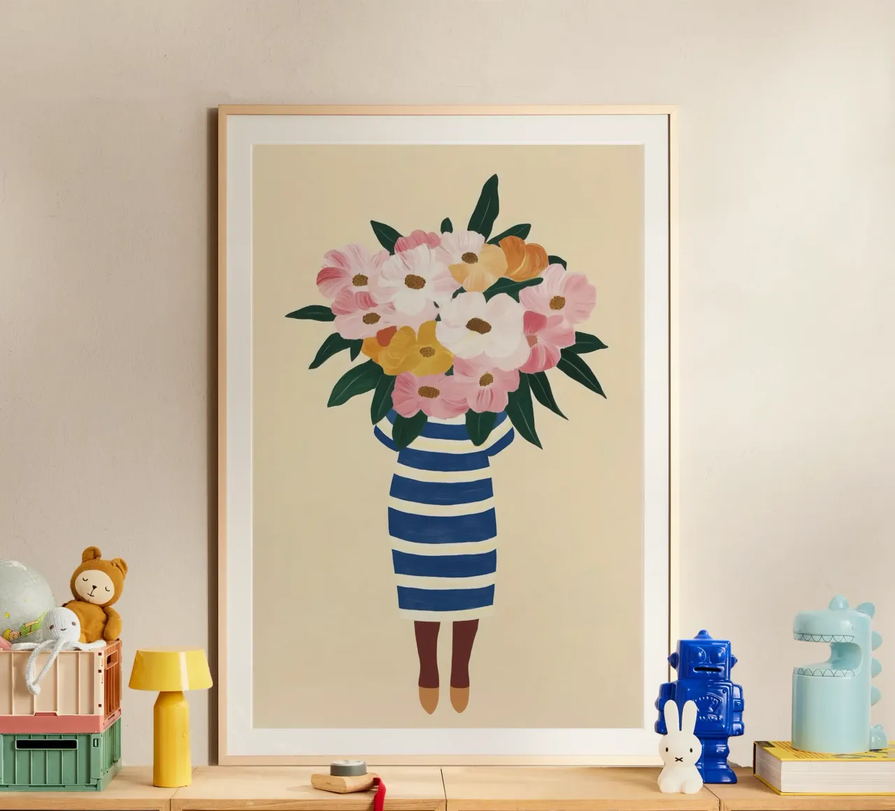Natura morta floreale con vaso a righe blu poster da Autofocus