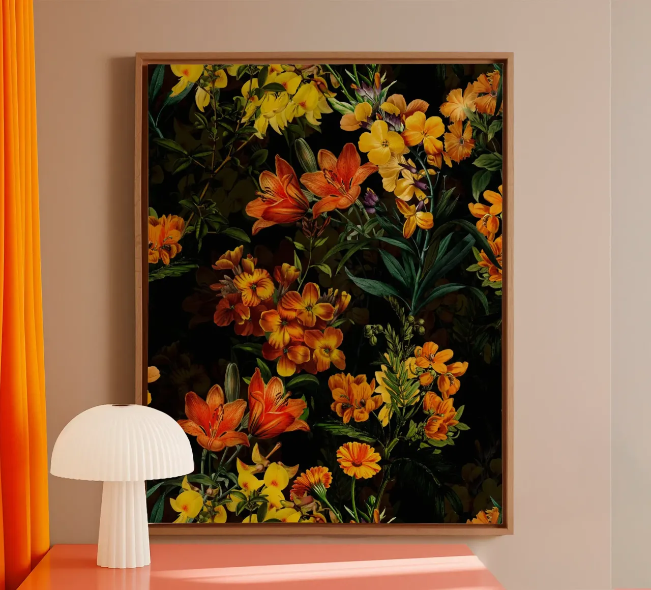 Barokgele wilde bloemen Mystieke middernachtstuin canvas met Baklijst van Flower Garden - Uta Naumann
