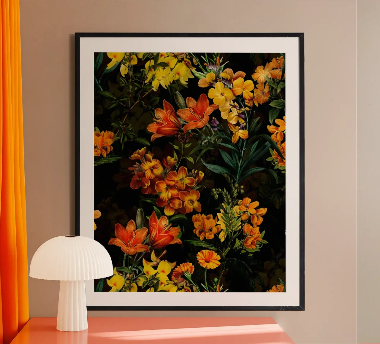Fiori di campo giallo barocco Giardino mistico di mezzanotte poster con telaio in legno da Flower Garden - Uta Naumann