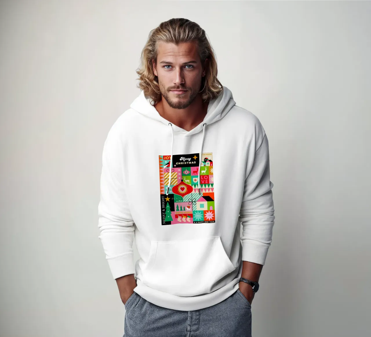 Buon Natale, auguri colorati di buone feste Patchwork felpa con cappuccio da Dominique Vari