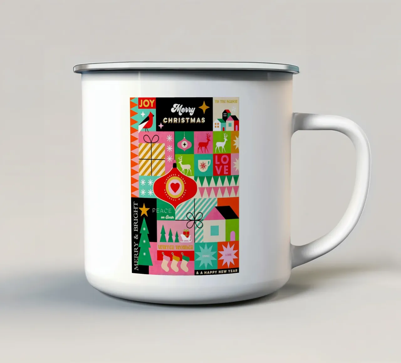 Buon Natale, auguri colorati di buone feste Patchwork tazza in smalto da Dominique Vari