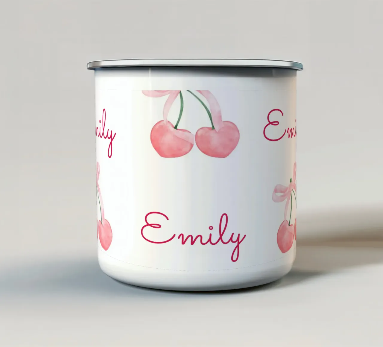 Ciliegia rosa con fiocchi tazza in smalto da Olga Wildrose