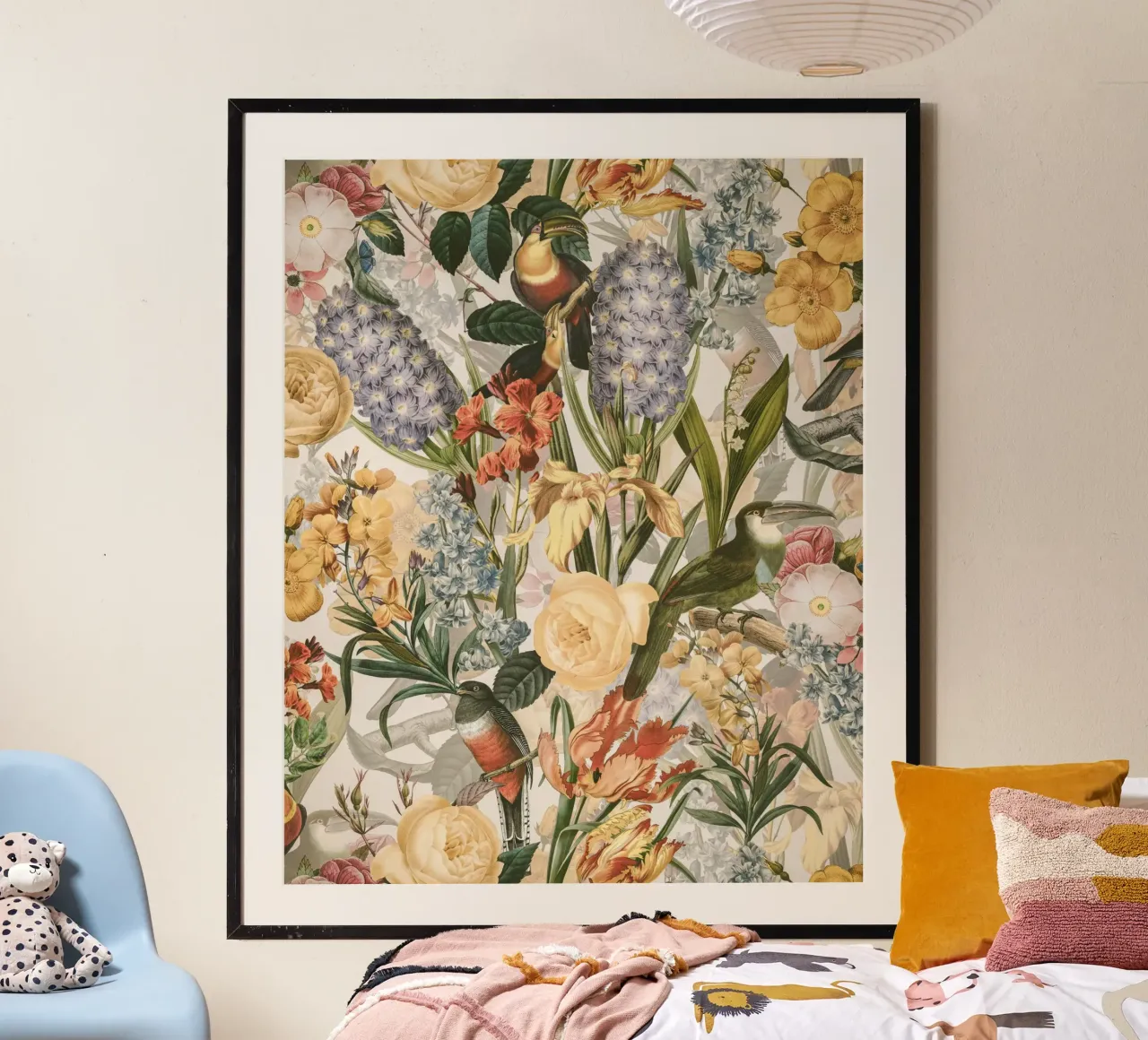 Giardino di fiori estivi esotici e uccelli tropicali poster con telaio in alluminio da Flower Garden - Uta Naumann
