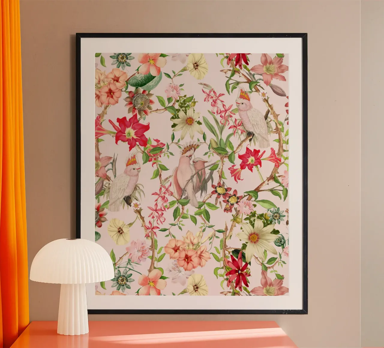 Uccelli esotici rococò e fiori tropicali da giardino poster con telaio in alluminio da Flower Garden - Uta Naumann
