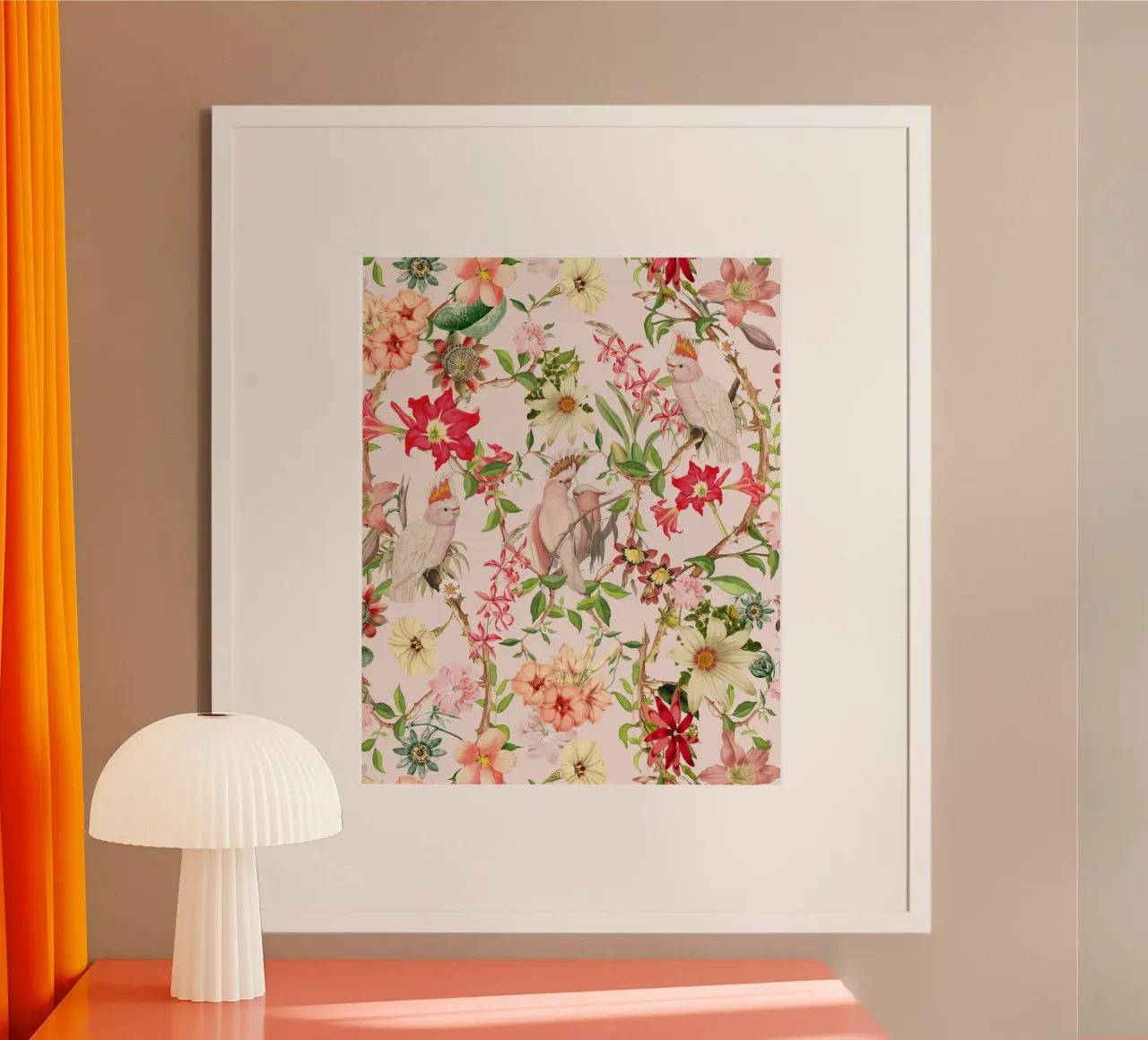 Uccelli esotici rococò e fiori tropicali da giardino poster con telaio in alluminio da Flower Garden - Uta Naumann