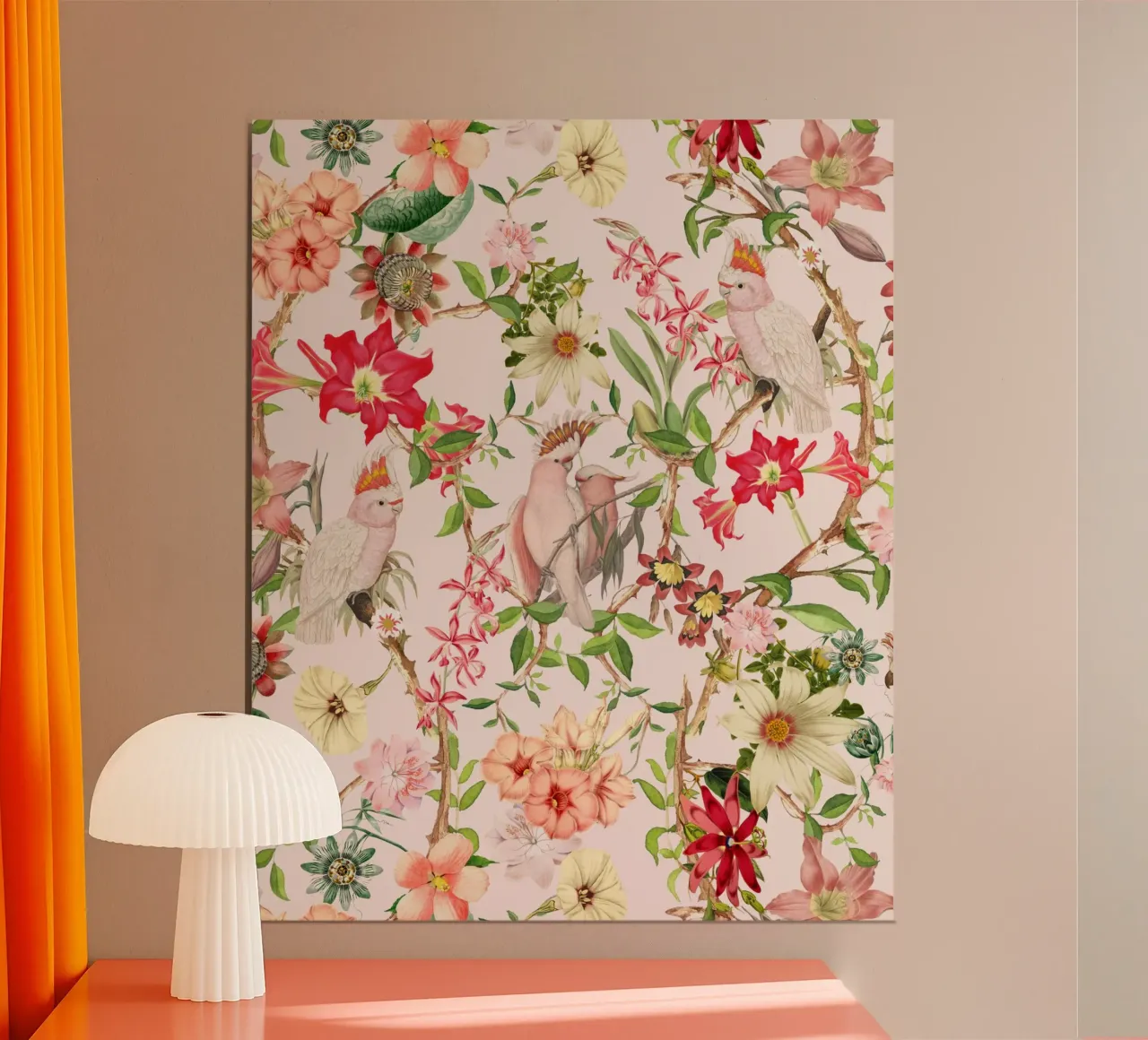 Uccelli esotici rococò e fiori tropicali da giardino poster con telaio in alluminio da Flower Garden - Uta Naumann