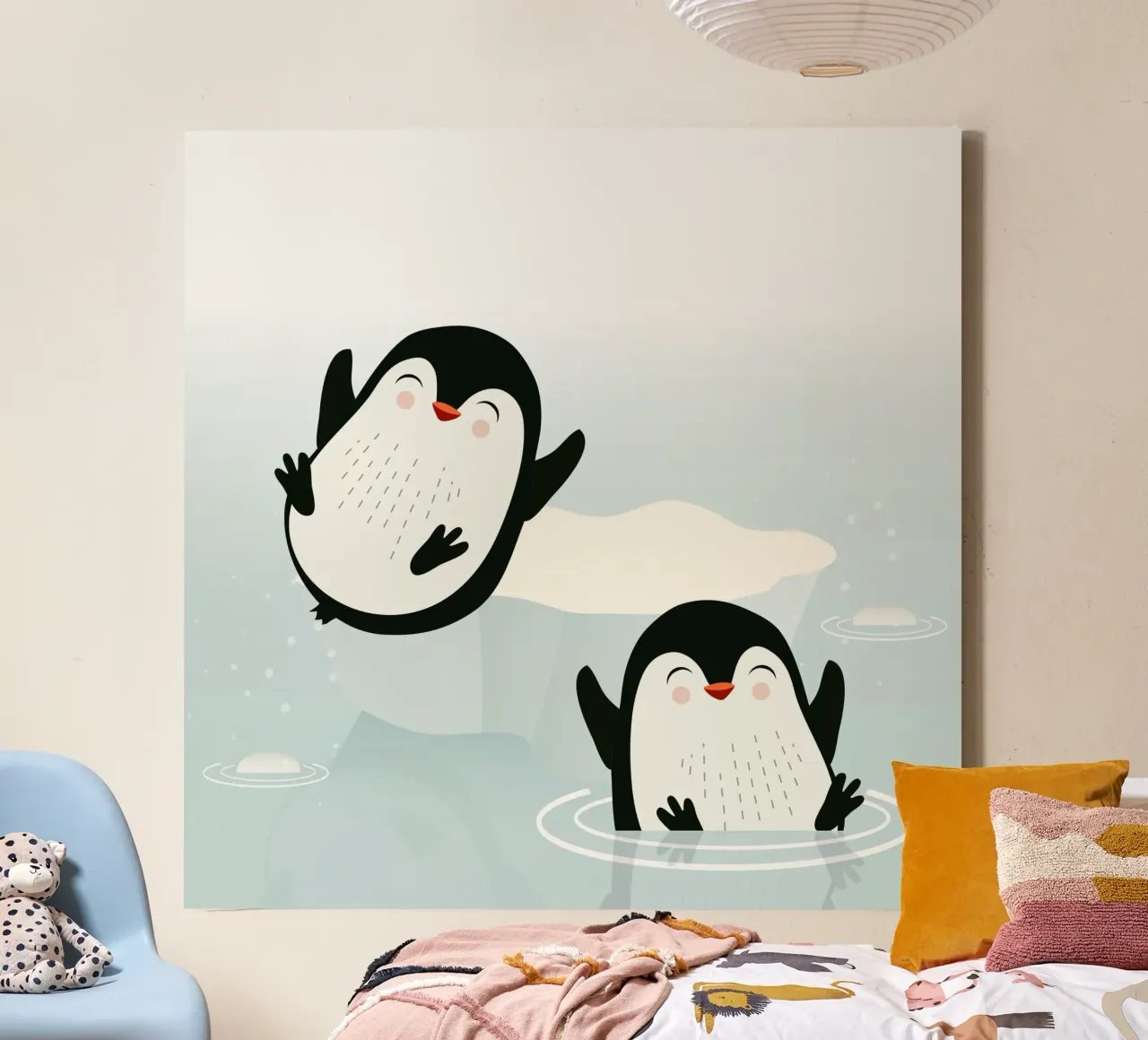 Due pinguini che giocano in acqua tela con Cornice a cassetta da namosh