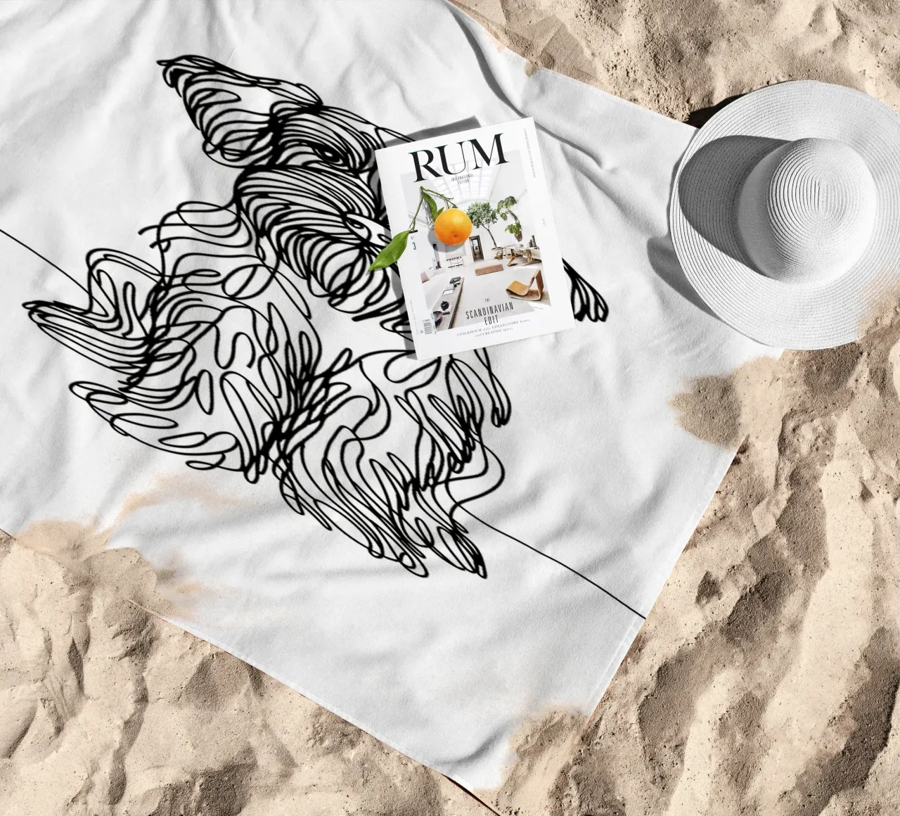 Wirehaired Pointing Griffon Dog Line Art Drawing beach towel by WijdevenDesign
