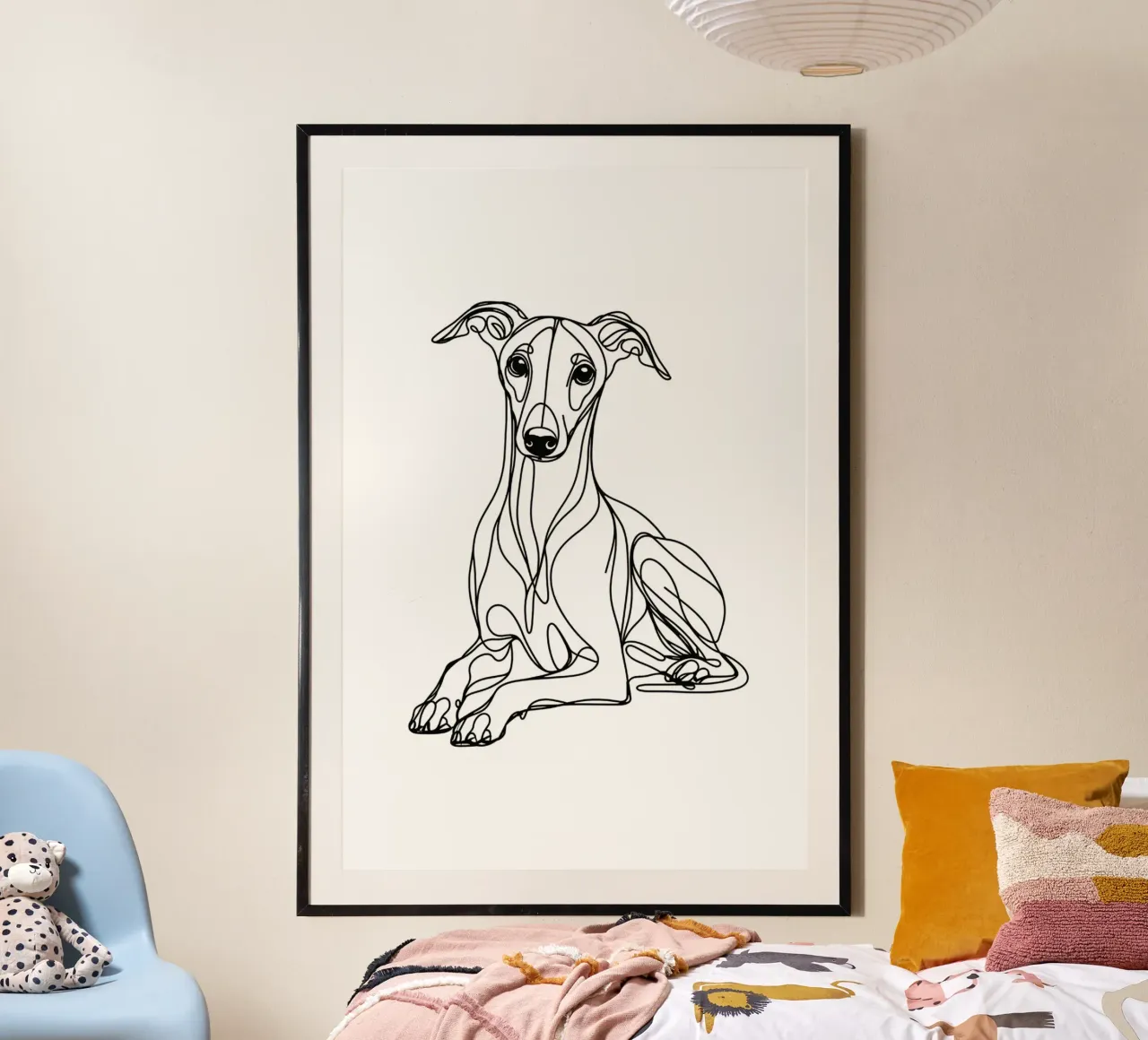 Disegno artistico lineare del cane Whippet poster con telaio in alluminio da WijdevenDesign