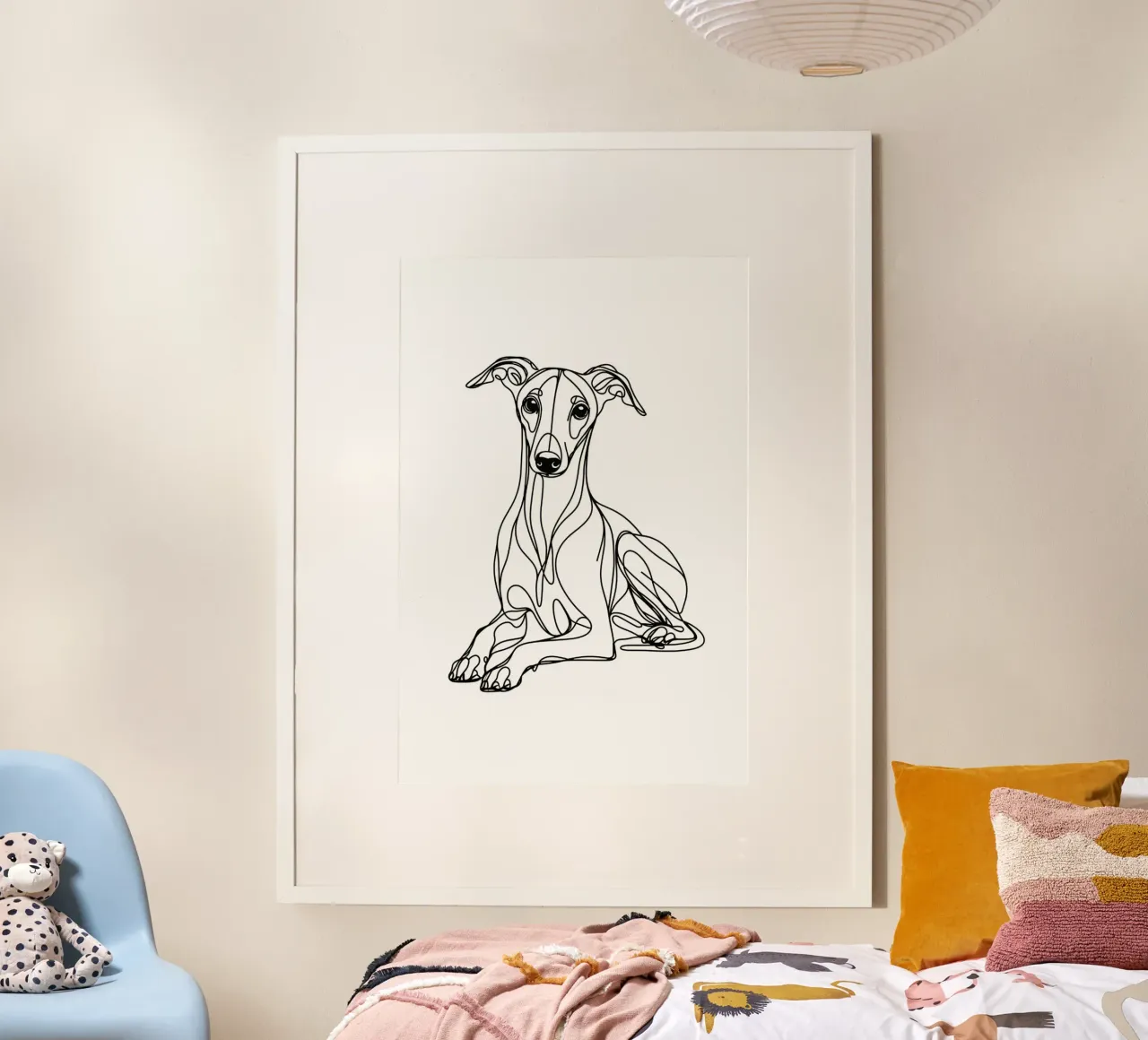 Disegno artistico lineare del cane Whippet poster con telaio in alluminio da WijdevenDesign