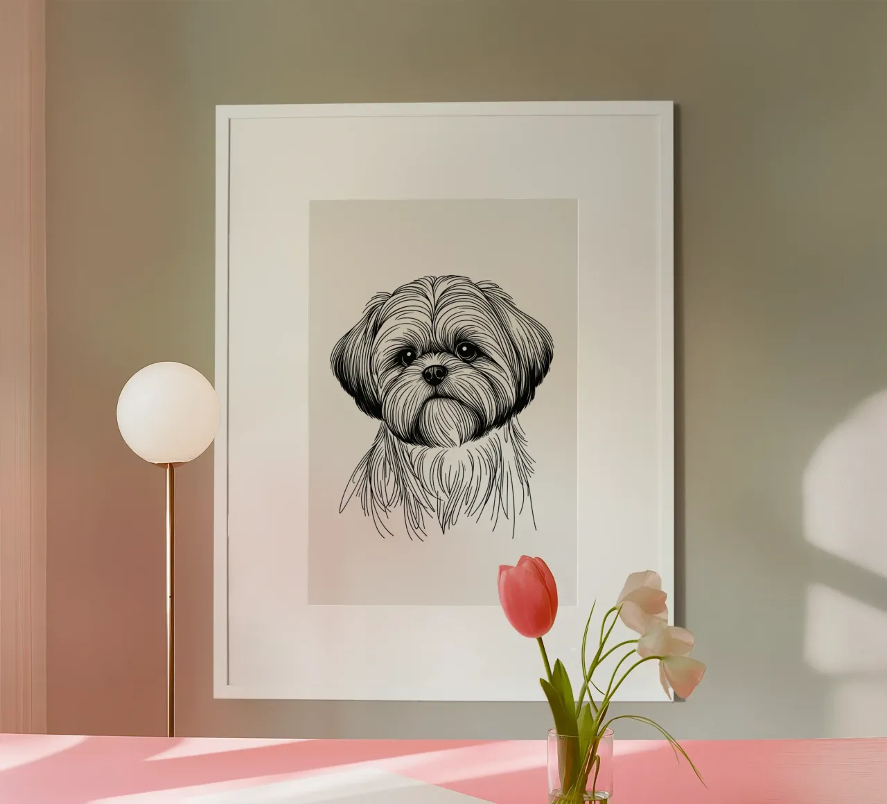 Shih Tzu Hund Line Art Zeichnung Poster mit Kunststoffrahmen von WijdevenDesign
