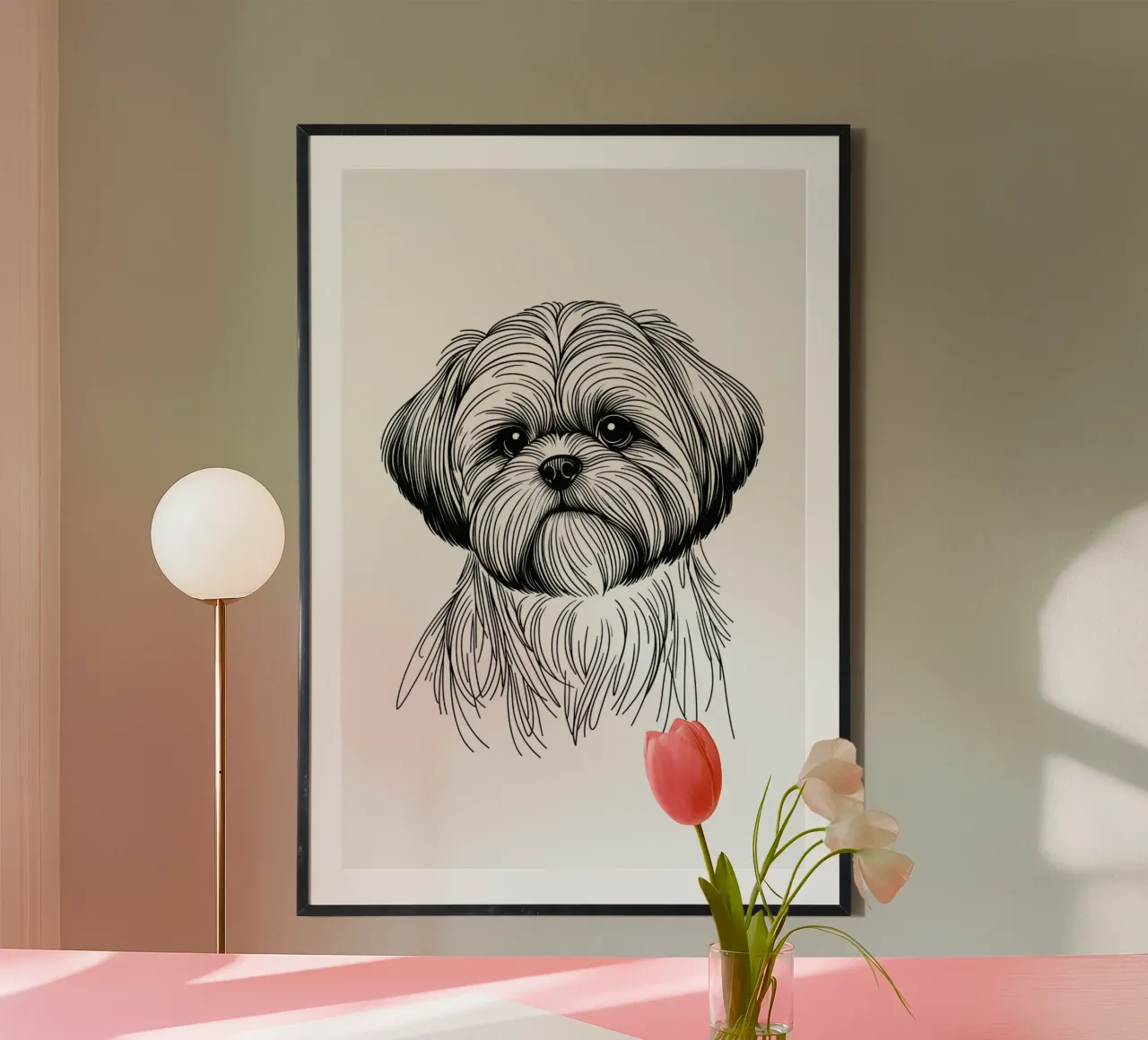 Shih Tzu Hund Line Art Zeichnung Poster mit Kunststoffrahmen von WijdevenDesign