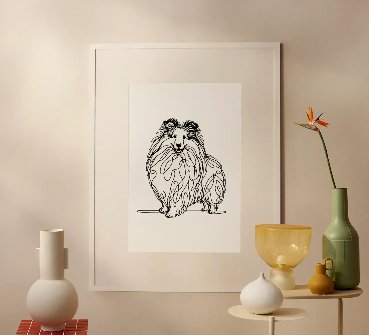 Chien de berger des Shetland | Sheltie Dog Dessin au trait poster avec cadre en bois de WijdevenDesign