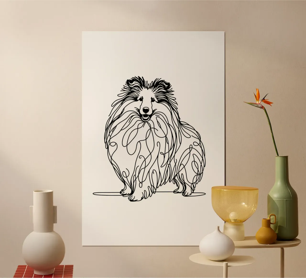 Chien de berger des Shetland | Sheltie Dog Dessin au trait poster avec cadre en bois de WijdevenDesign