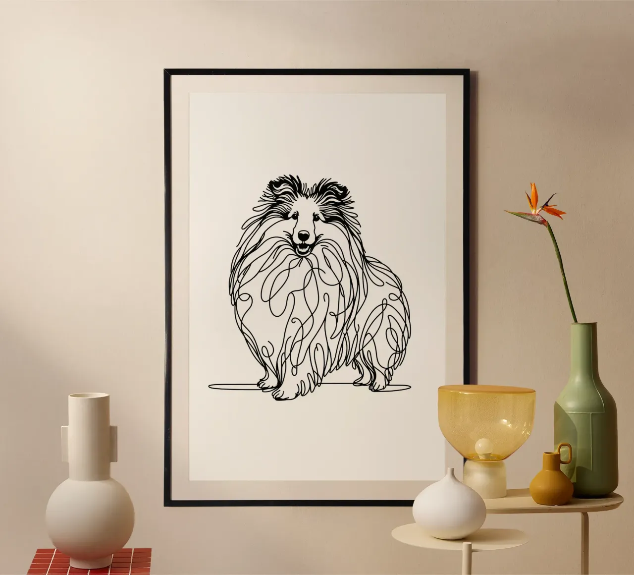Chien de berger des Shetland | Sheltie Dog Dessin au trait poster avec cadre en bois de WijdevenDesign