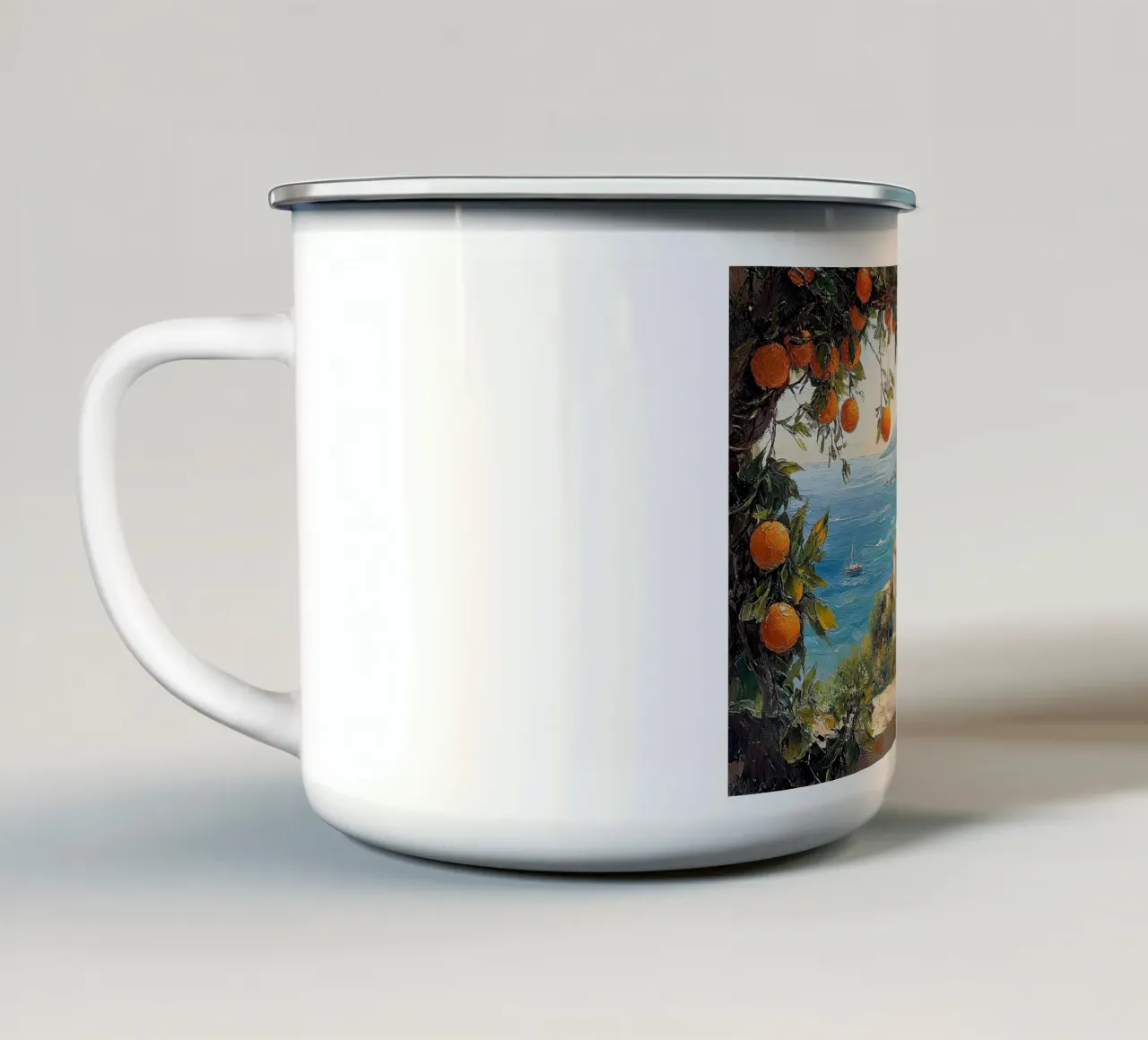 Sunlit Symphony Emaille Tasse von Nikis Art Studio