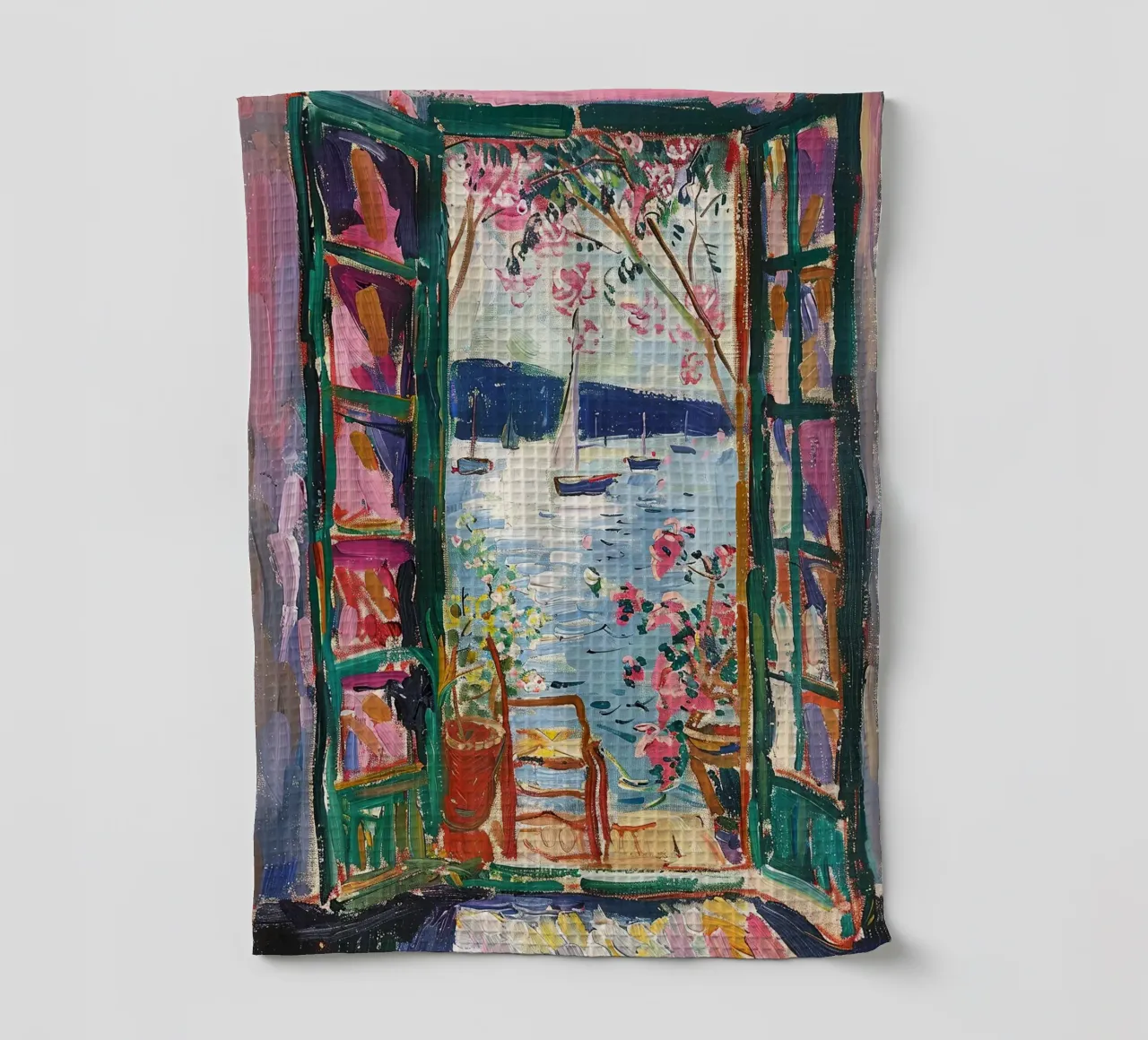 Matisse inspire Open Window "The Breeze Beckons". torchon de Nikis Art Studio