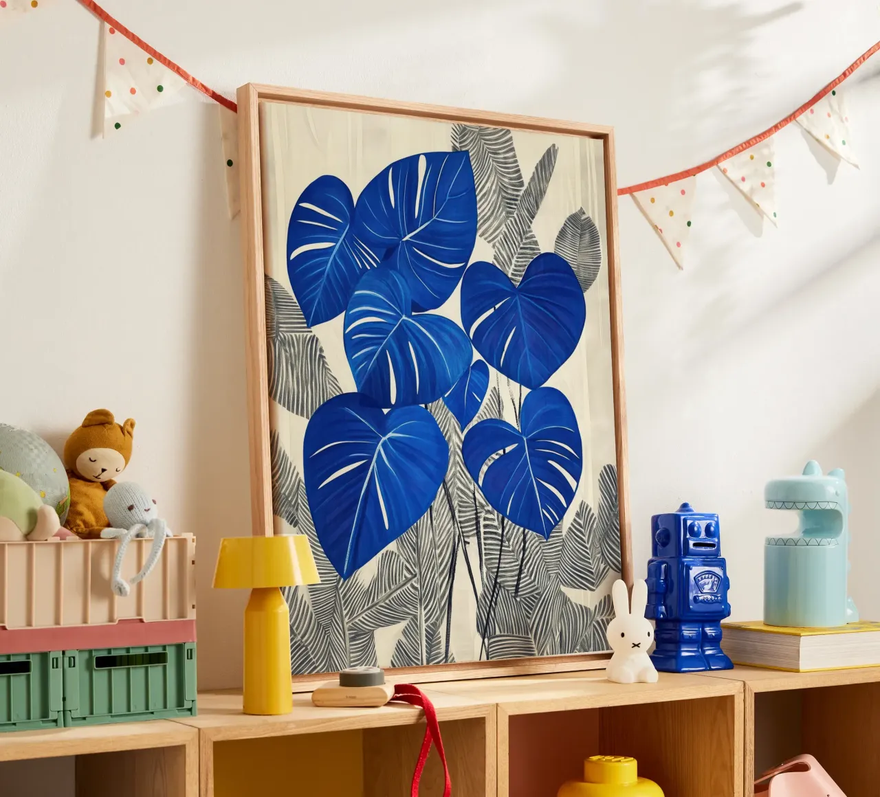 Blue alocasia | Botanical elegance in Scandi style canvas with Floater frame by Autofocus
