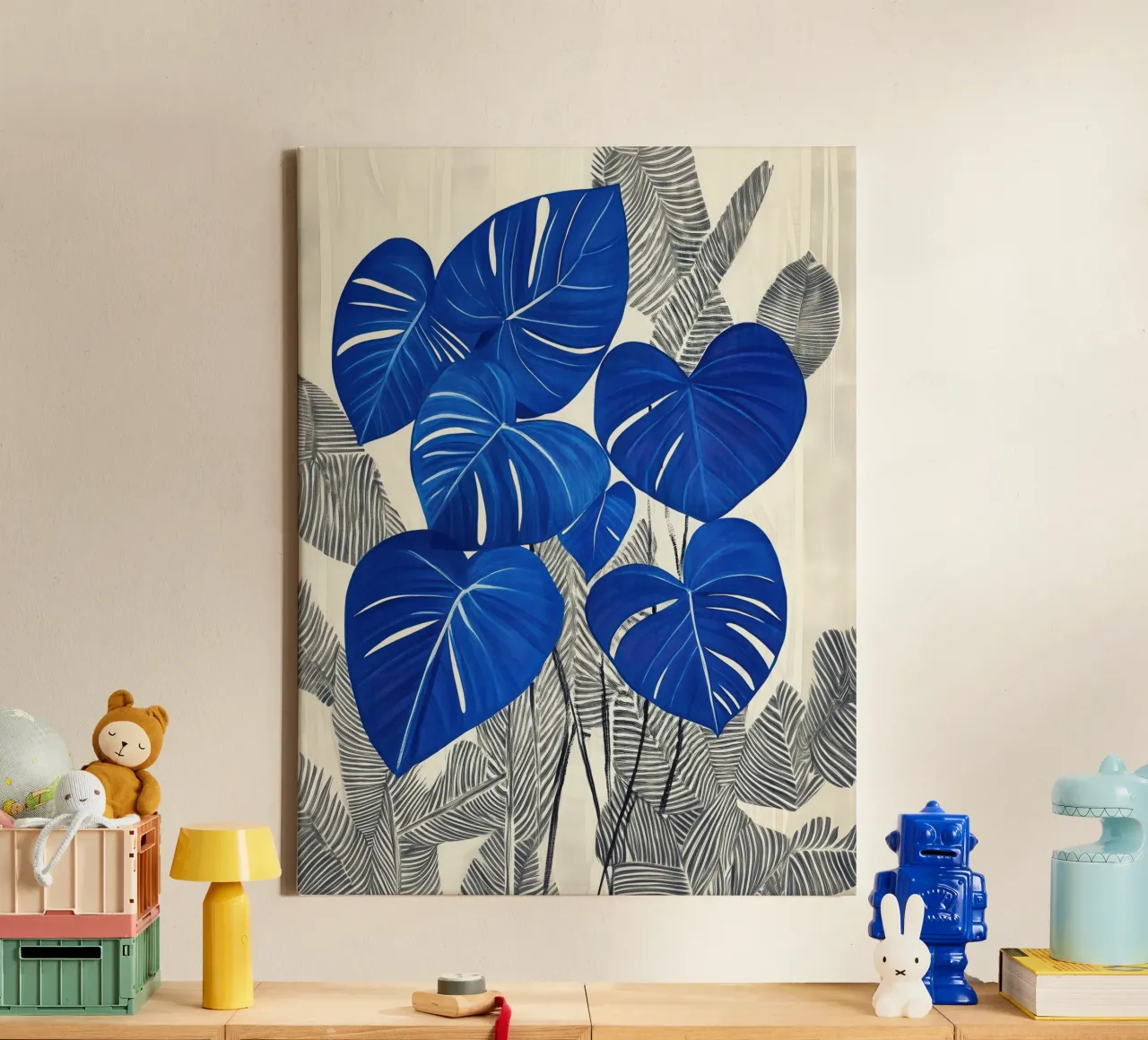 Blue alocasia | Botanical elegance in Scandi style canvas with Floater frame by Autofocus