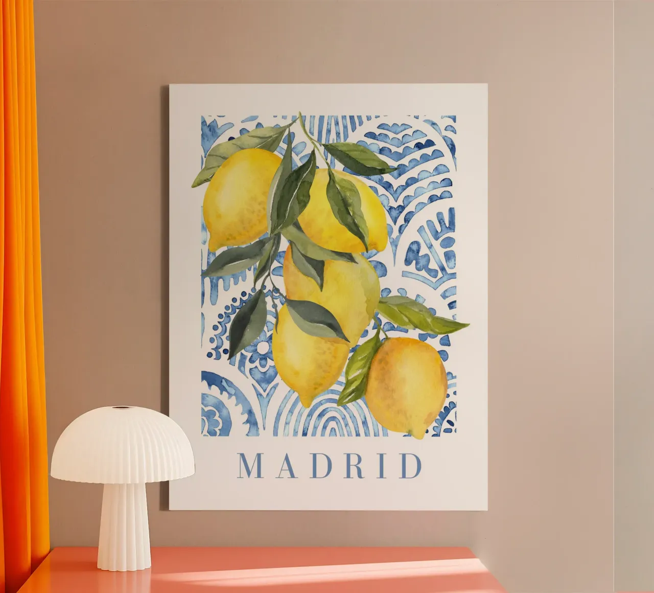 Poster al limone con piastrelle blu tela con Cornice a cassetta da Bella Studio