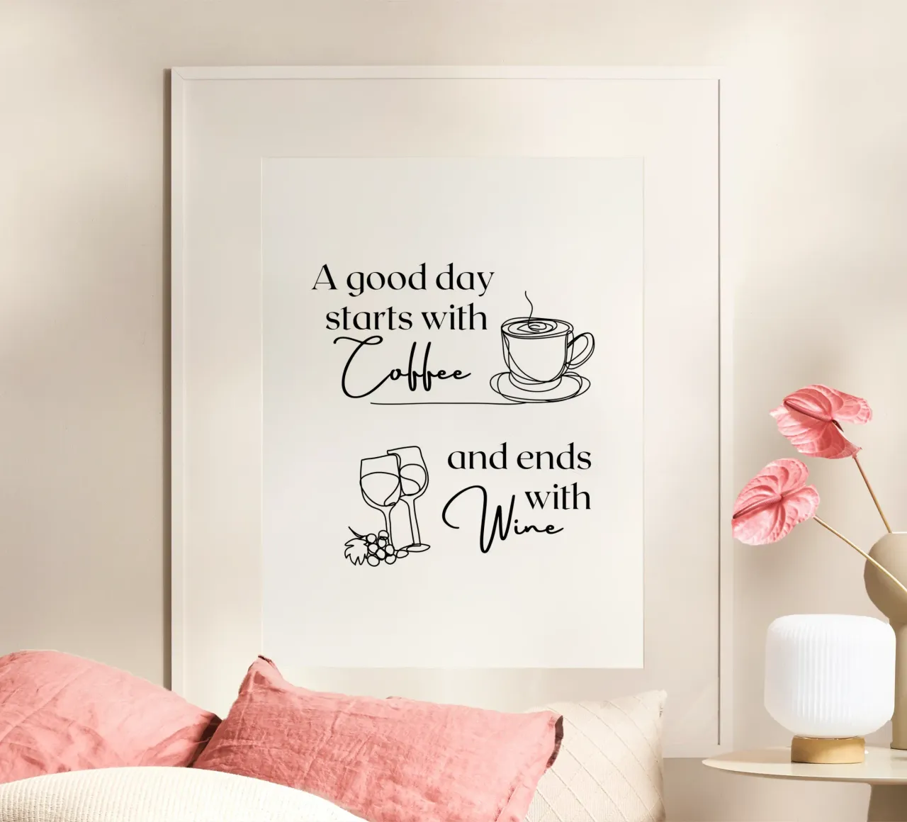 Una buona giornata inizia con il caffè e finisce con il vino poster con telaio in plastica da ArtDesign by KBK