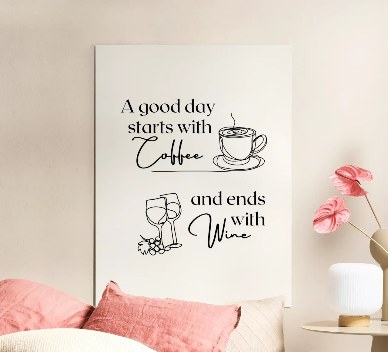 Una buona giornata inizia con il caffè e finisce con il vino poster con telaio in plastica da ArtDesign by KBK