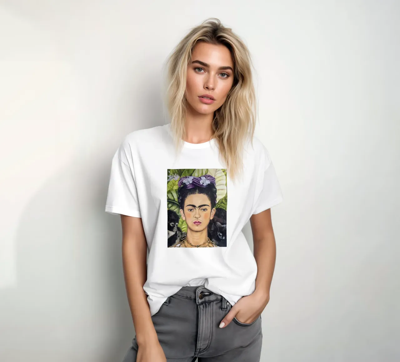 Frida con spine e scimmia t-shirt da Carinaprint