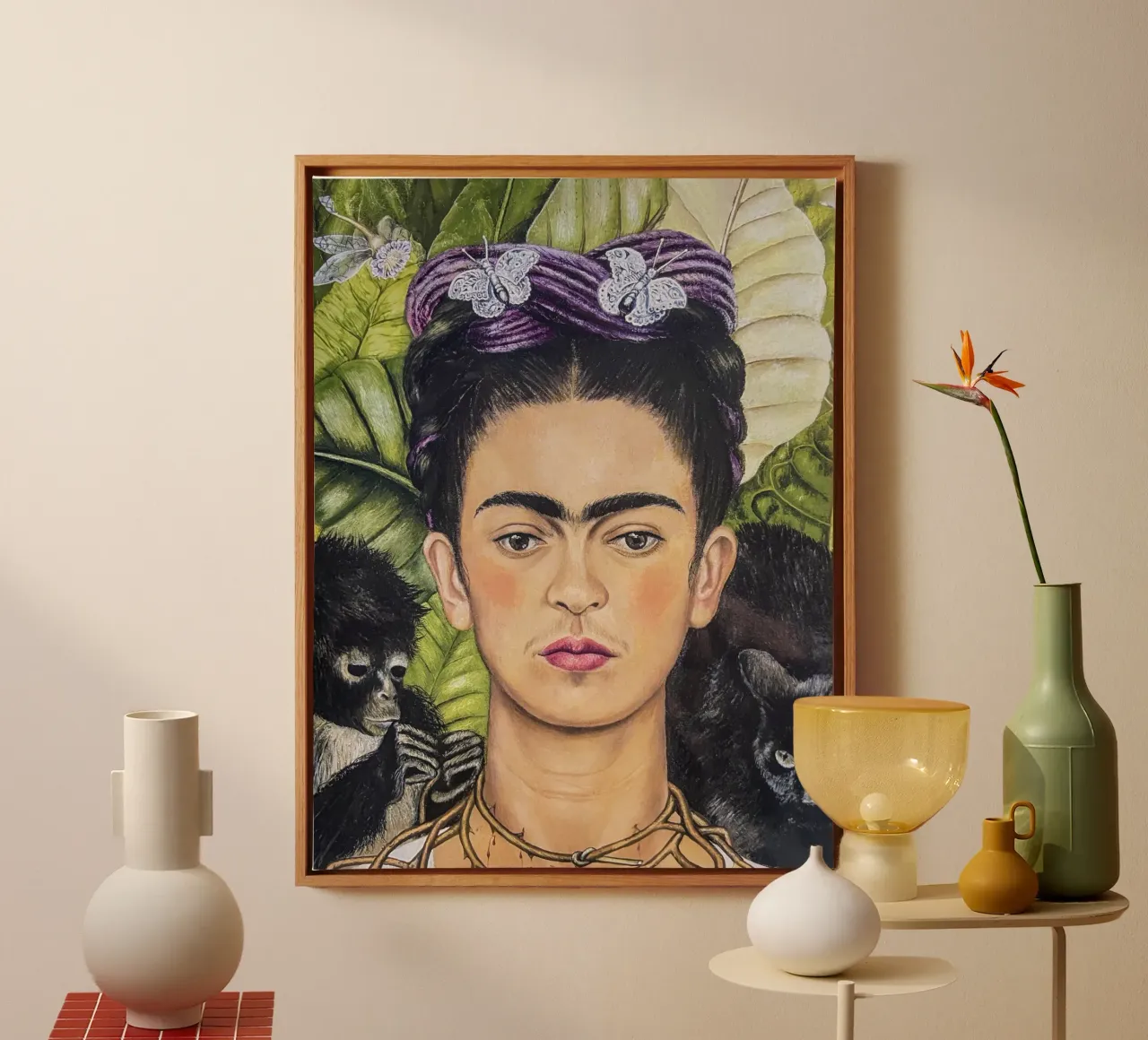Frida con spine e scimmia tela con Cornice a cassetta da Carinaprint