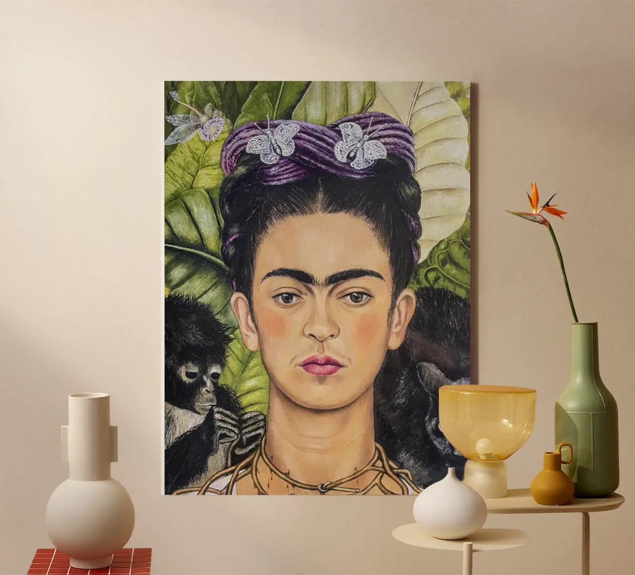 Frida con spine e scimmia tela con Cornice a cassetta da Carinaprint
